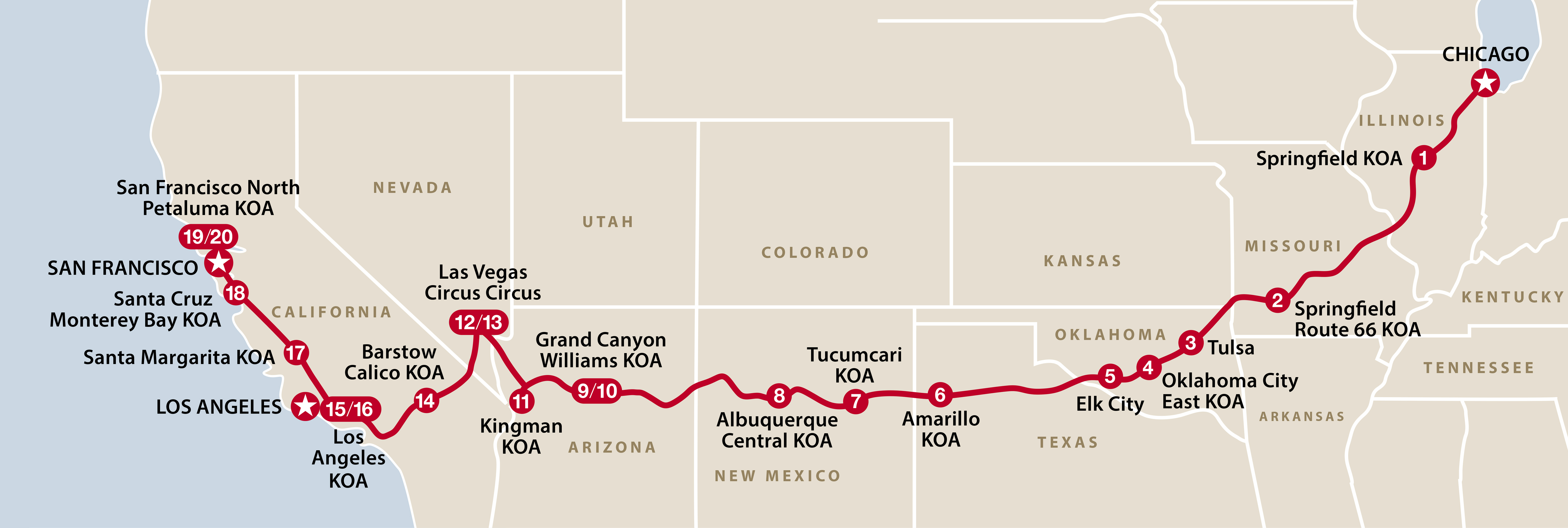 Mapa ruta Route 66 Including Highway 1